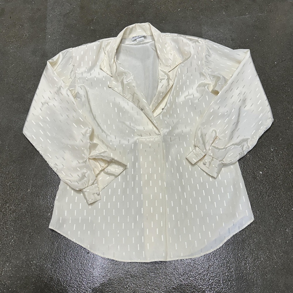 Vintage Judy Bond Blouse Womens 8 White Stripe Satin Collared Long Sleeve 80s